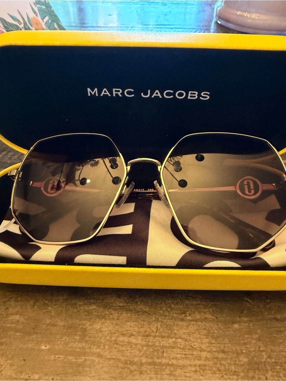 Marc Jacobs Gold Metal Hexagonal Sunglasses with Smoke Lenses